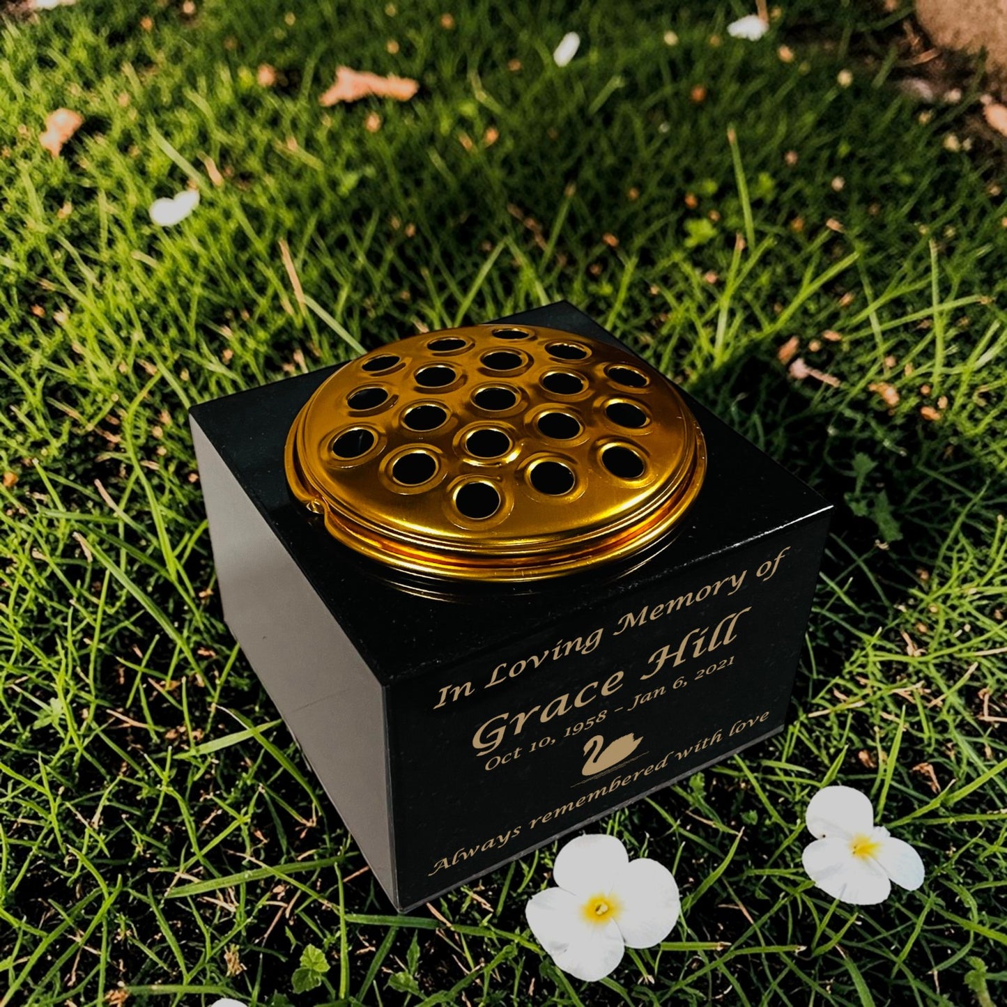 Granite Memorial Vase with Swan Design 2, Free Personalised Gold Engraving, Solid Granite 6 x 6 x 4 Inches