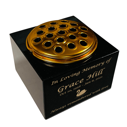 Granite Memorial Vase with Swan Design 2, Free Personalised Gold Engraving, Solid Granite 6 x 6 x 4 Inches