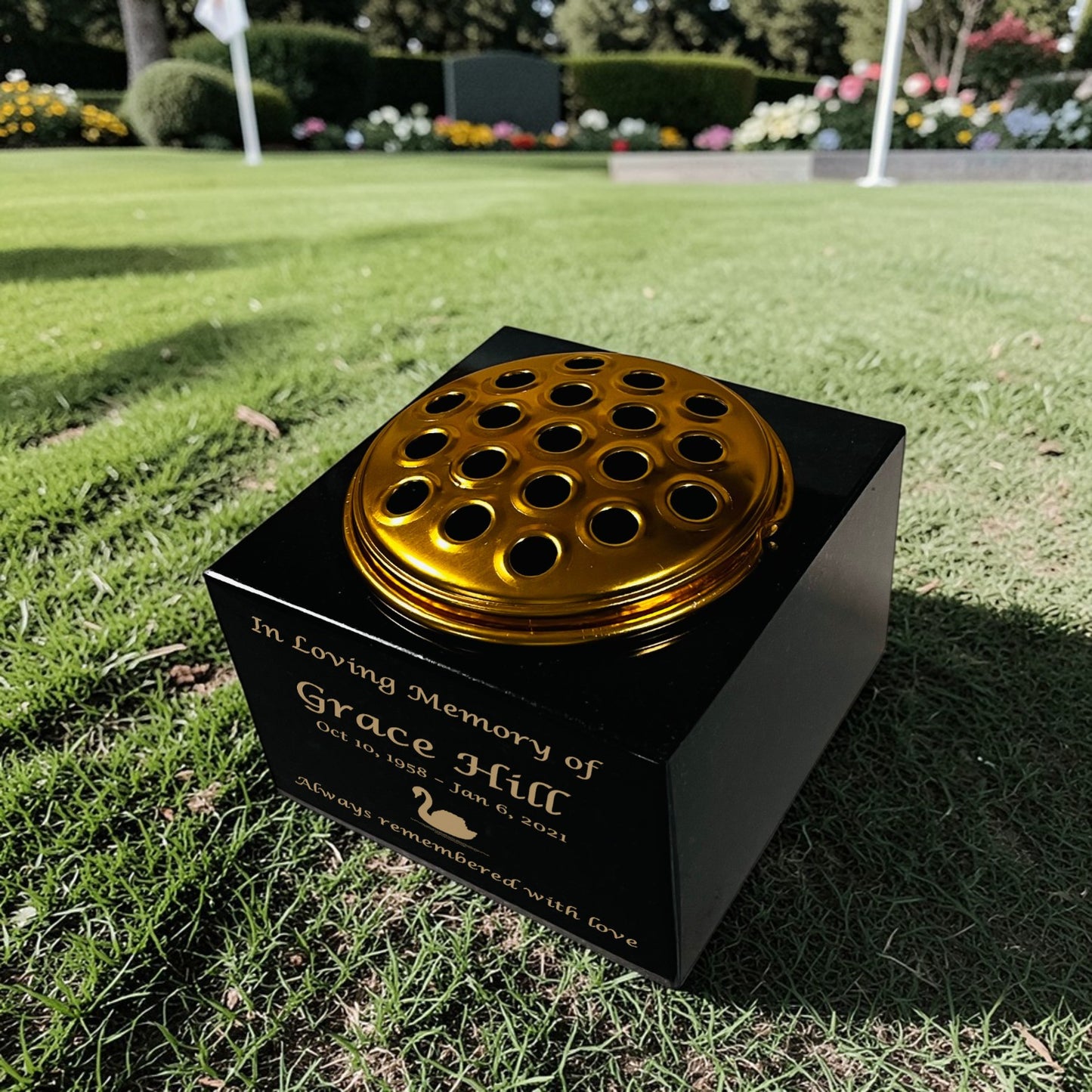 Granite Memorial Vase with Swan Design 2, Free Personalised Gold Engraving, Solid Granite 6 x 6 x 4 Inches