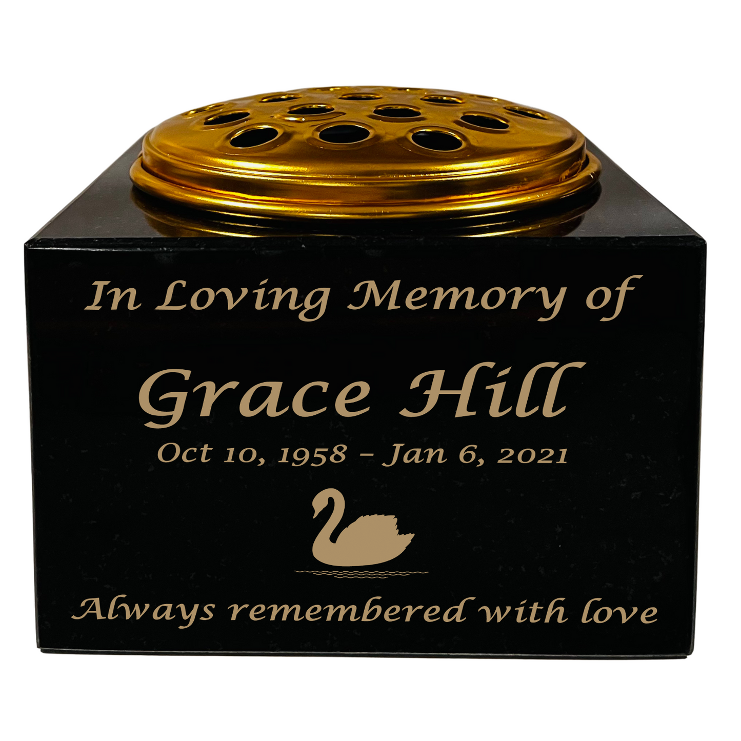 Granite Memorial Vase with Swan Design 2, Free Personalised Gold Engraving, Solid Granite 6 x 6 x 4 Inches