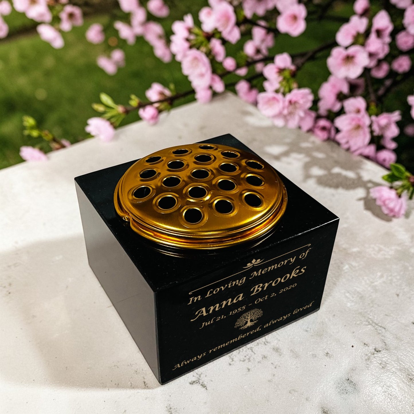 Granite Memorial Vase with Tree of Life Design, Free Personalised Gold Engraving, Solid Granite 6 x 6 x 4 Inches
