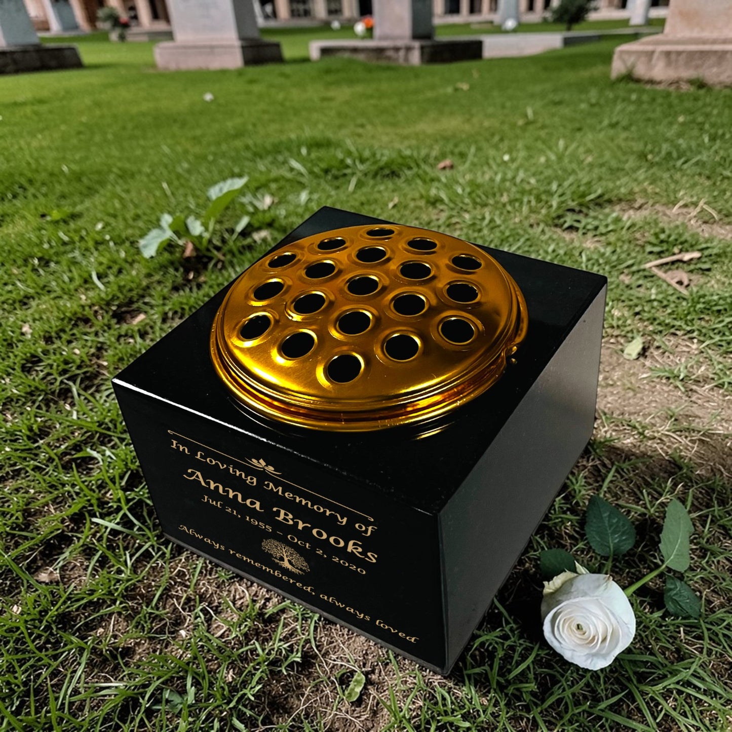 Granite Memorial Vase with Tree of Life Design, Free Personalised Gold Engraving, Solid Granite 6 x 6 x 4 Inches