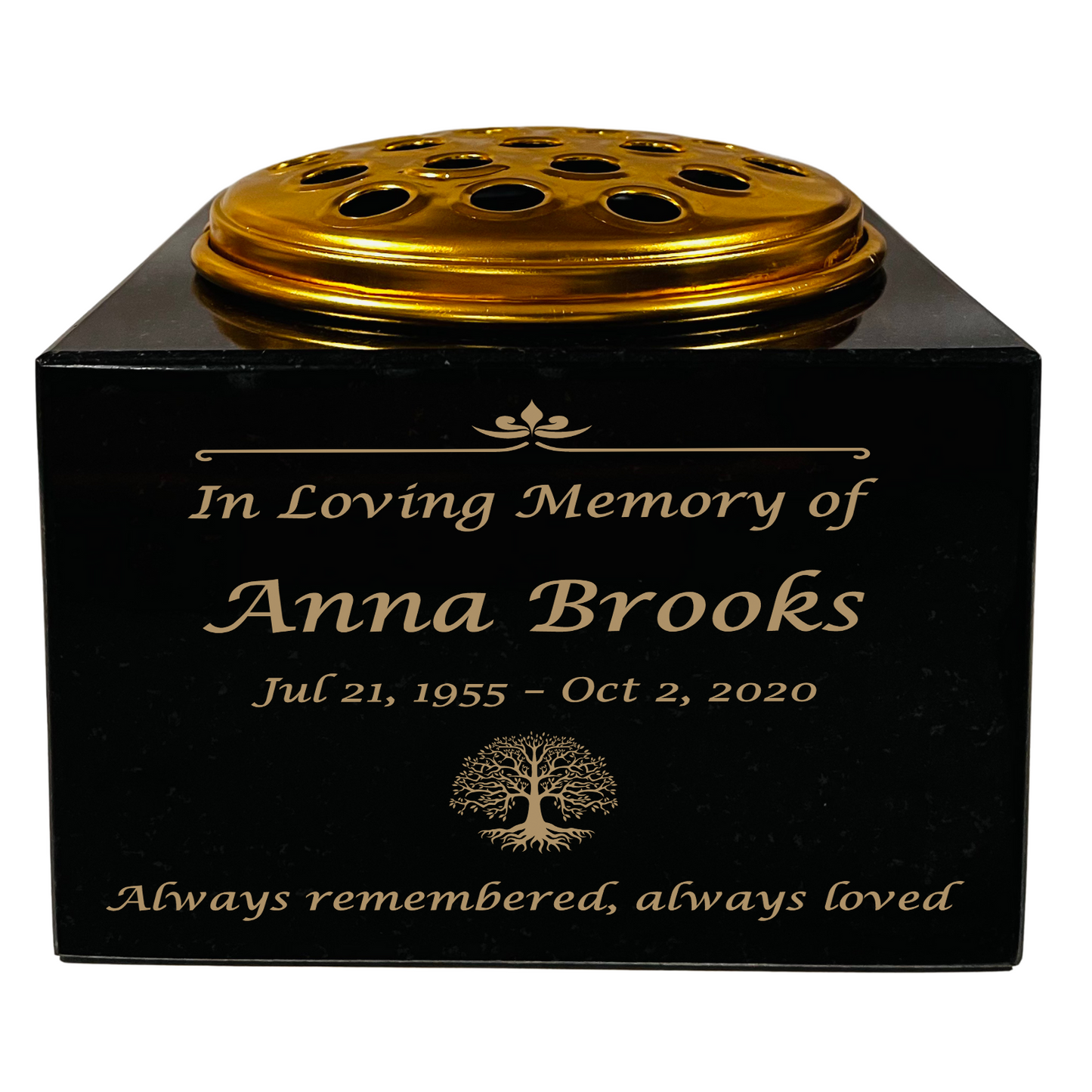 Granite Memorial Vase with Tree of Life Design, Free Personalised Gold Engraving, Solid Granite 6 x 6 x 4 Inches
