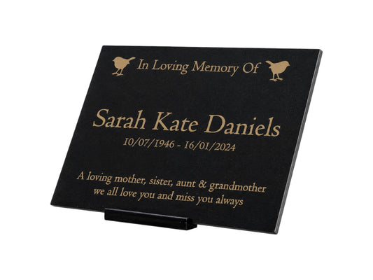 Granite Memorial Plaque, Robin, Personalised, Stand Included