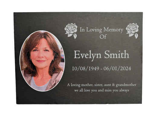 Photo Slate Memorial Plaque, Roses, Add a Portrait & Personalised Text | 35×25cm (14×10”)