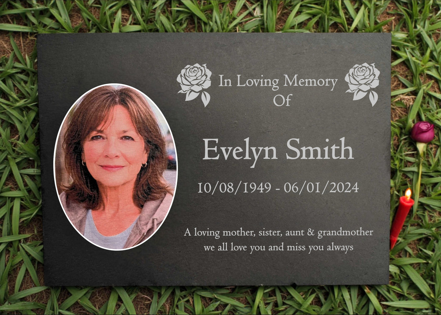 Photo Slate Memorial Plaque, Roses, Add a Portrait & Personalised Text | 35×25cm (14×10”)