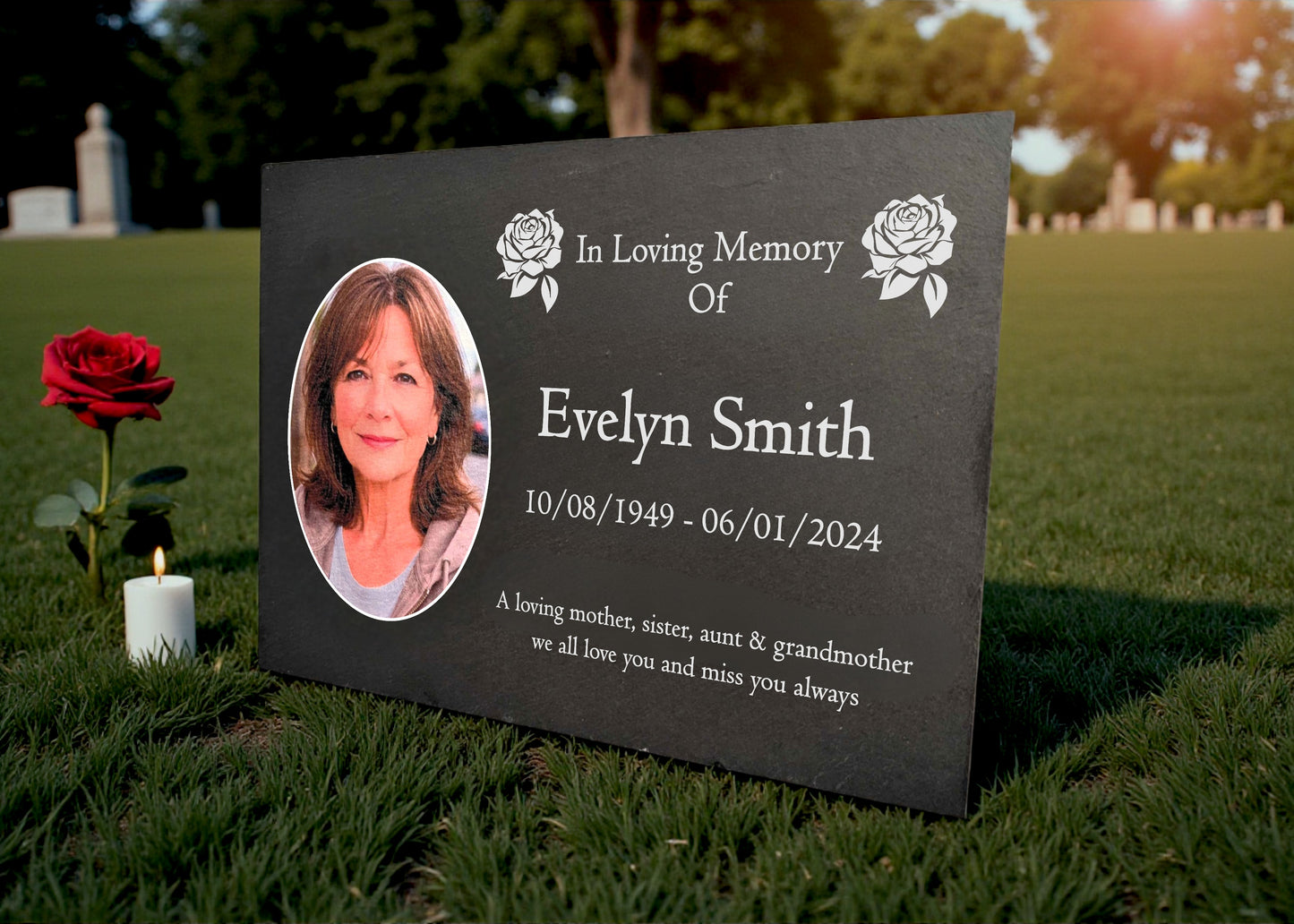 Photo Slate Memorial Plaque, Roses, Add a Portrait & Personalised Text | 35×25cm (14×10”)