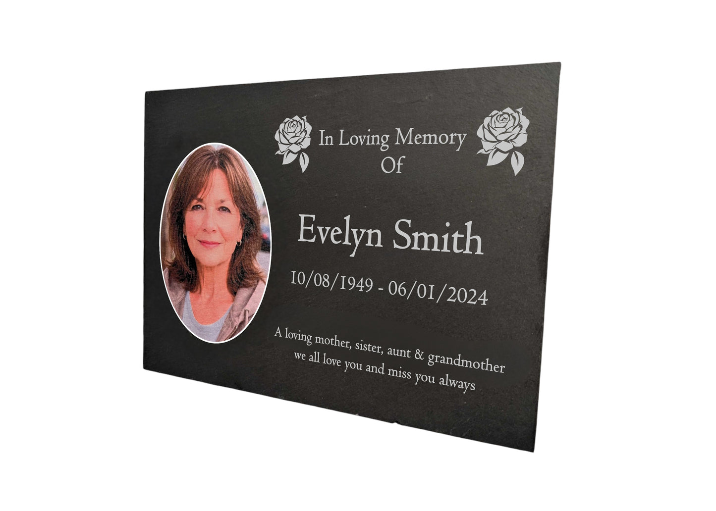 Photo Slate Memorial Plaque, Roses, Add a Portrait & Personalised Text | 35×25cm (14×10”)