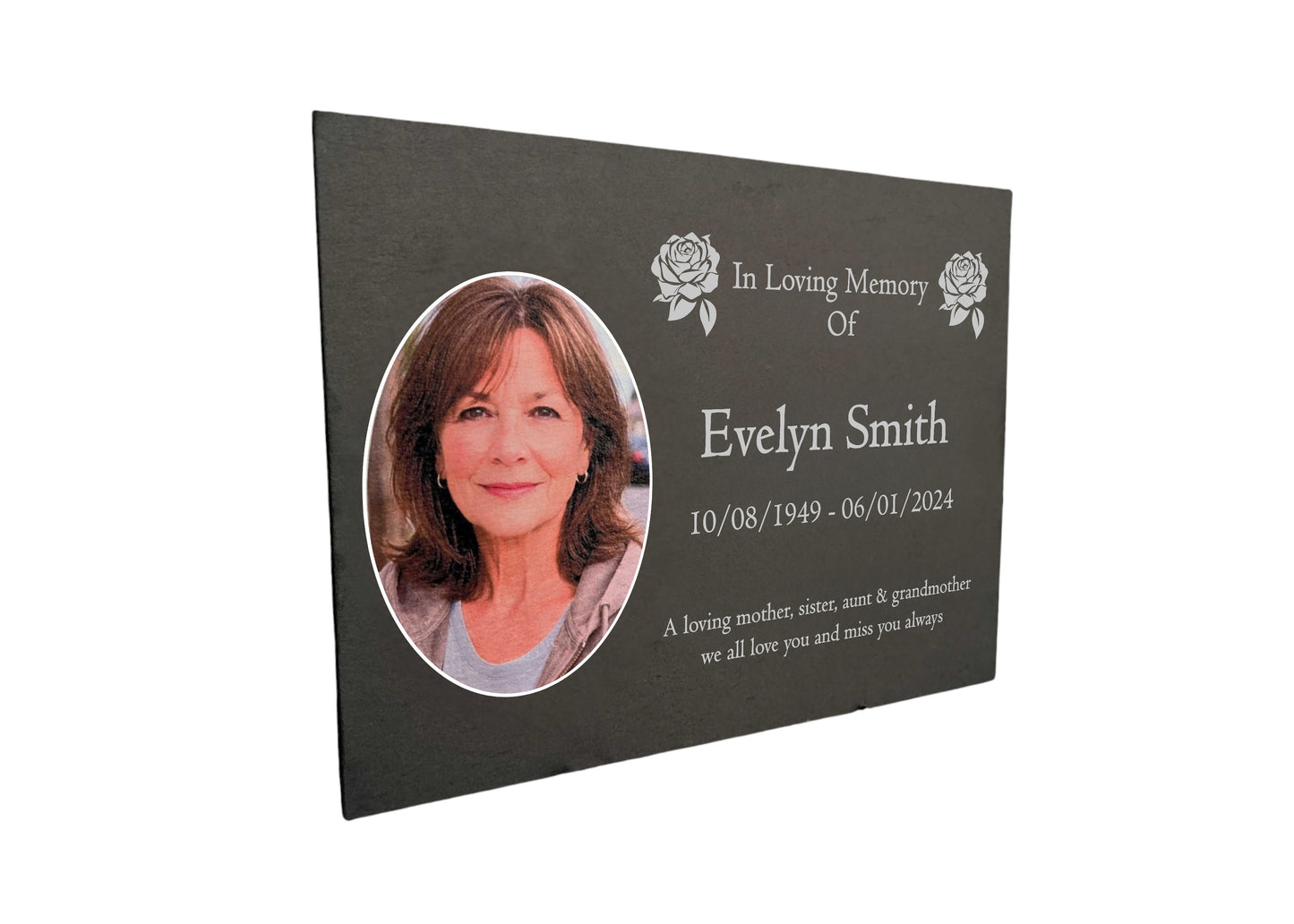 Photo Slate Memorial Plaque, Roses, Add a Portrait & Personalised Text | 35×25cm (14×10”)