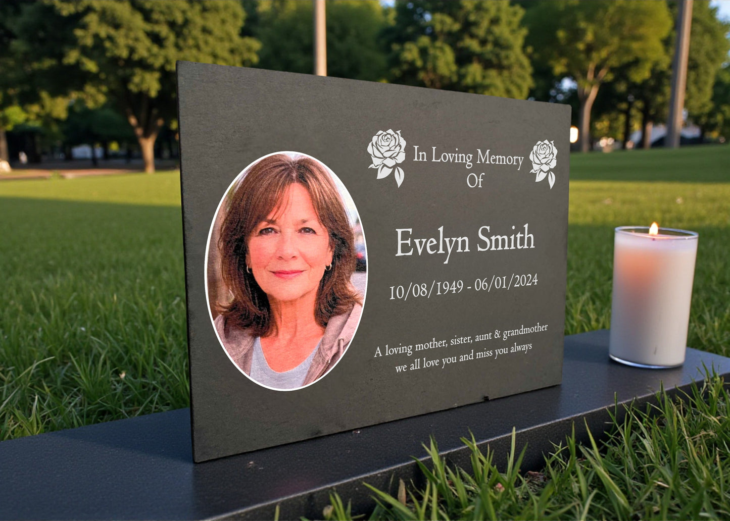Photo Slate Memorial Plaque, Roses, Add a Portrait & Personalised Text | 35×25cm (14×10”)