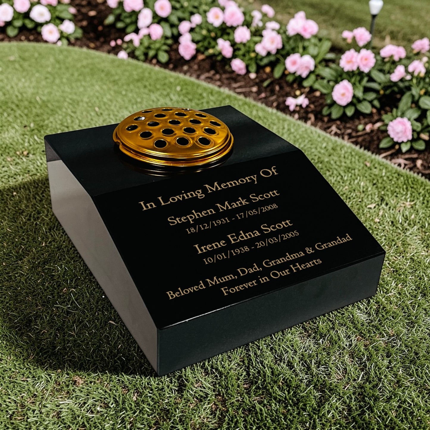 Black Granite Sloping Memorial Desk with Vase for Two Names Free Personalised Gold Engraving