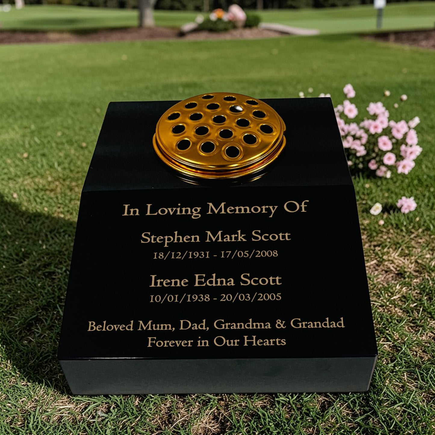 Black Granite Sloping Memorial Desk with Vase for Two Names Free Personalised Gold Engraving