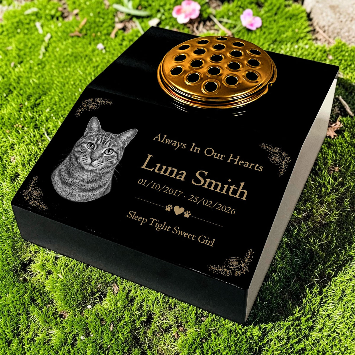 Cat Memorial Granite Photo Desk - Floral Design