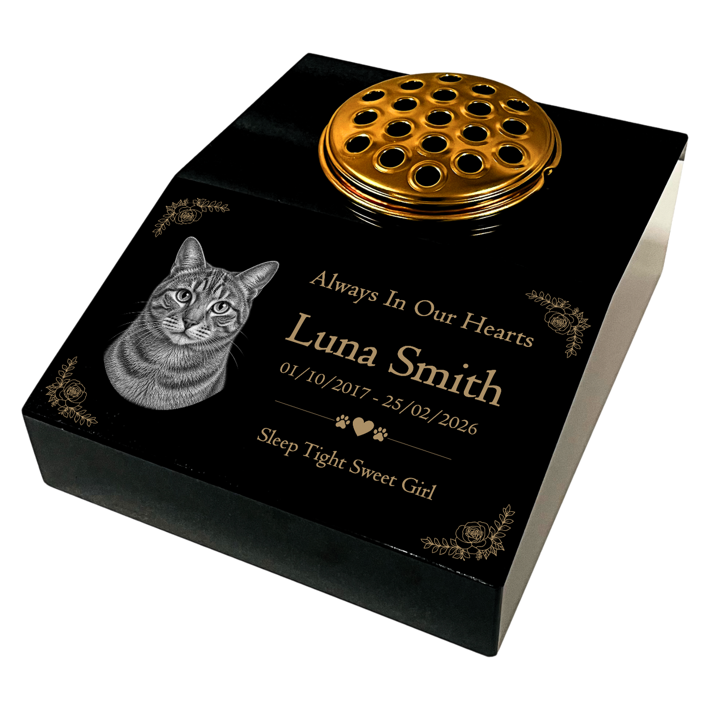 Cat Memorial Granite Photo Desk - Floral Design