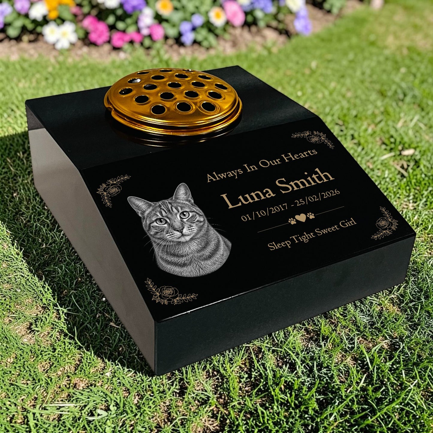 Cat Memorial Granite Photo Desk - Floral Design