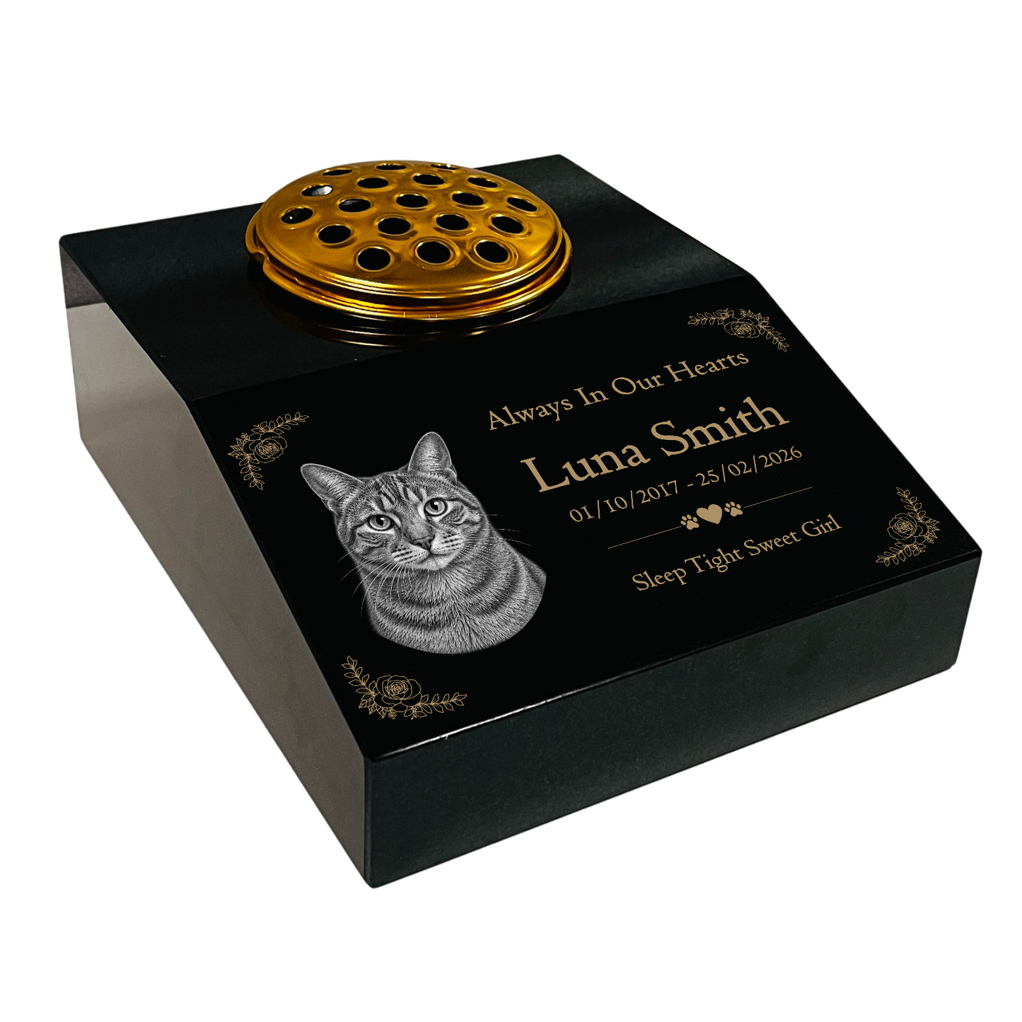 Cat Memorial Granite Photo Desk - Floral Design