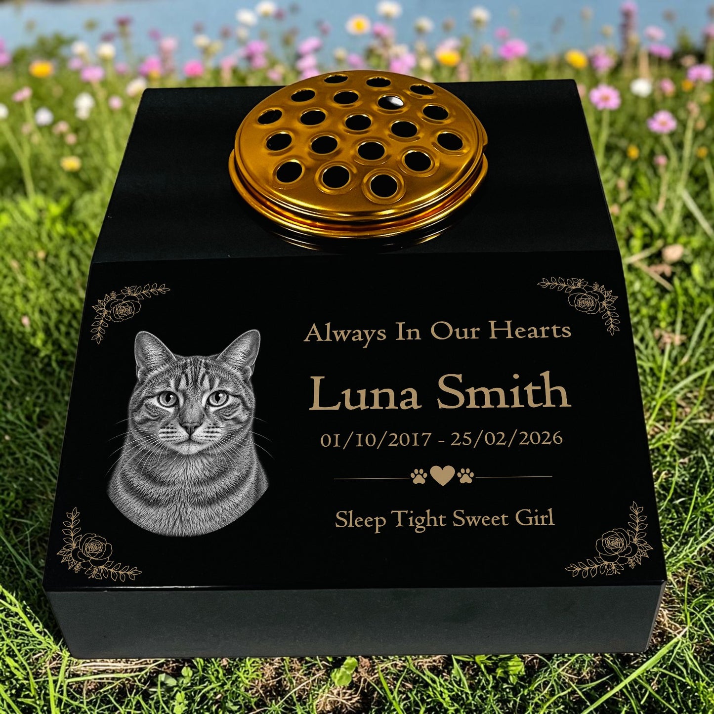 Cat Memorial Granite Photo Desk - Floral Design