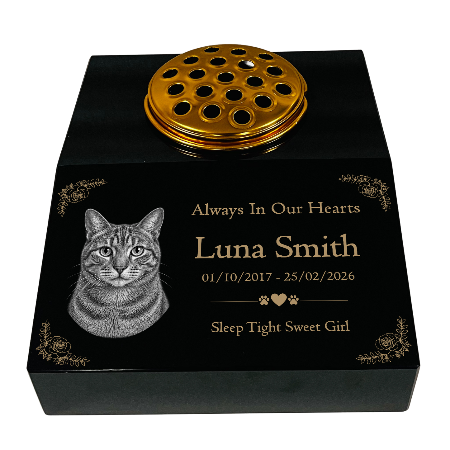 Cat Memorial Granite Photo Desk - Floral Design