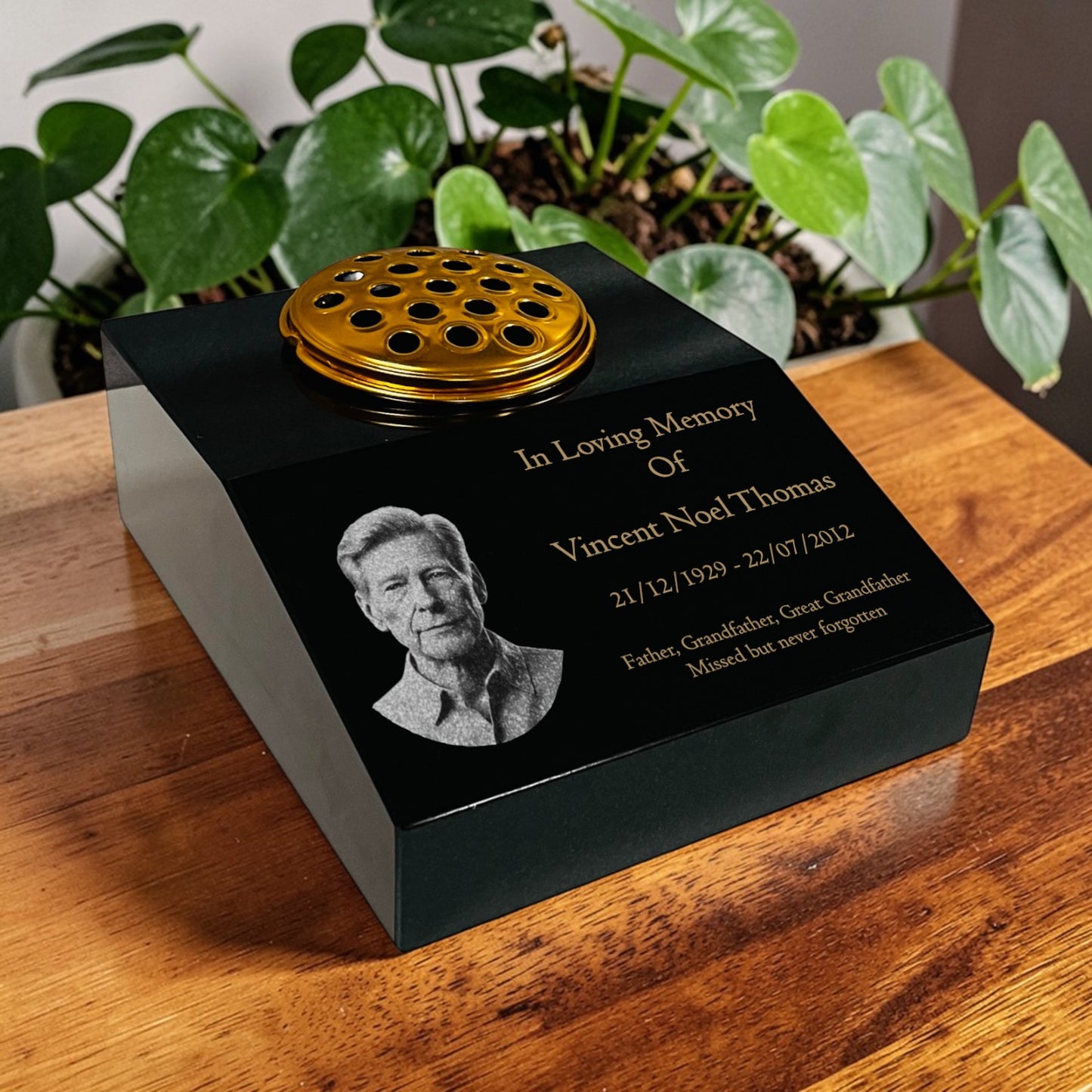 Black Granite Sloping Memorial Desk with Vase Engraved Photo Free Personalised Gold Engraving