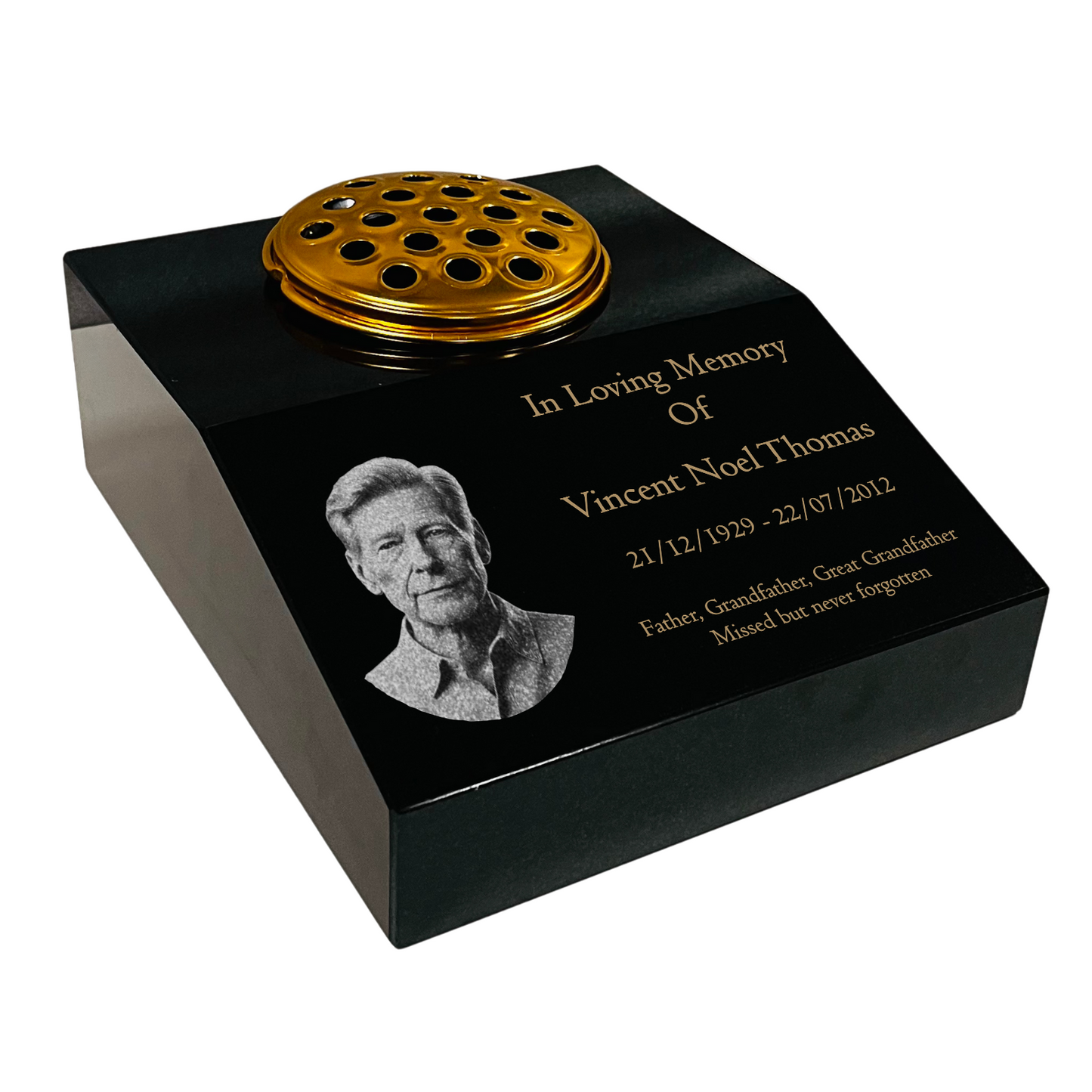 Black Granite Sloping Memorial Desk with Vase Engraved Photo Free Personalised Gold Engraving