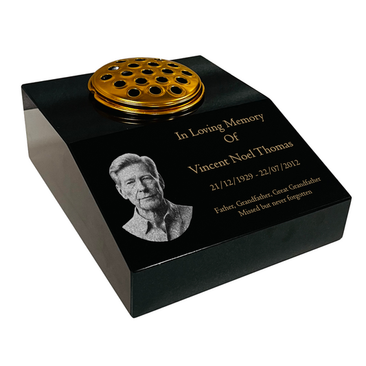 Black Granite Sloping Memorial Desk with Vase Engraved Photo Free Personalised Gold Engraving