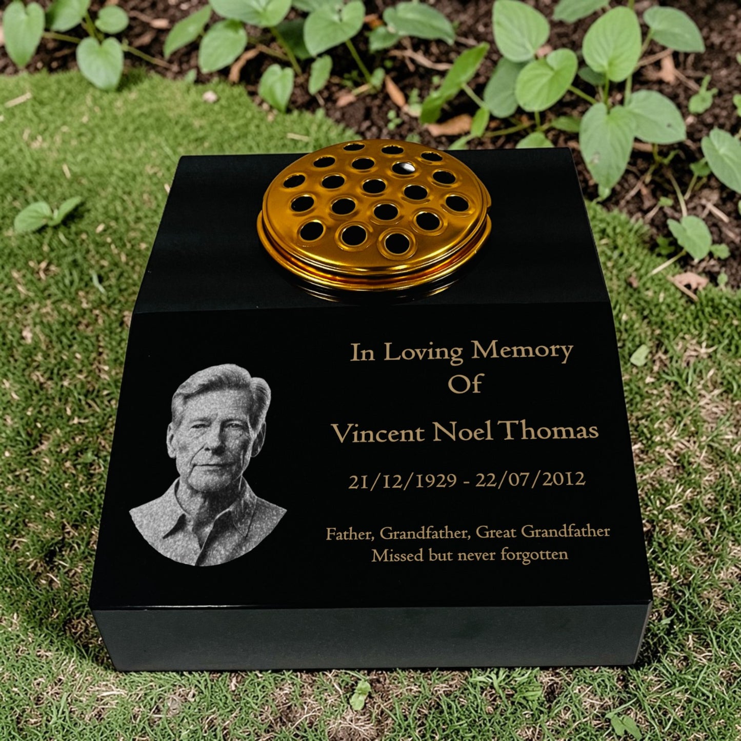 Black Granite Sloping Memorial Desk with Vase Engraved Photo Free Personalised Gold Engraving