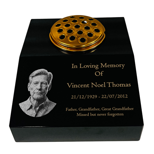 Black Granite Sloping Memorial Desk with Vase Engraved Photo Free Personalised Gold Engraving