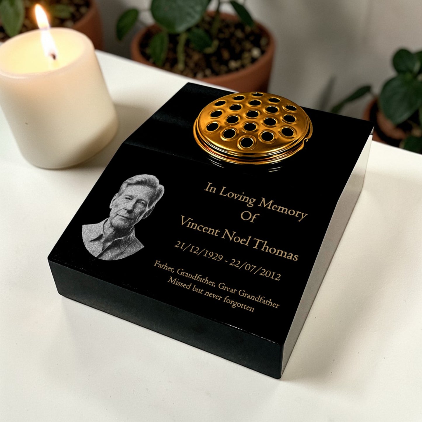 Black Granite Sloping Memorial Desk with Vase Engraved Photo Free Personalised Gold Engraving