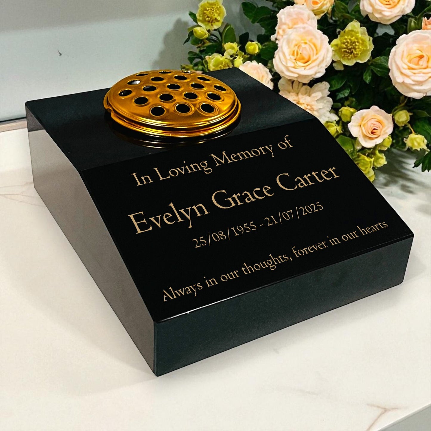 Black Granite Sloping Memorial Desk with Vase – Free Gold Engraving, 12x10x4"