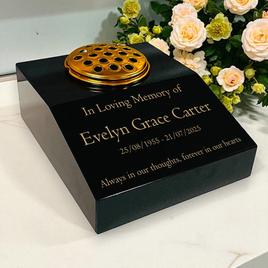 Black Granite Sloping Memorial Desk with Vase – Free Gold Engraving, 12x10x4"