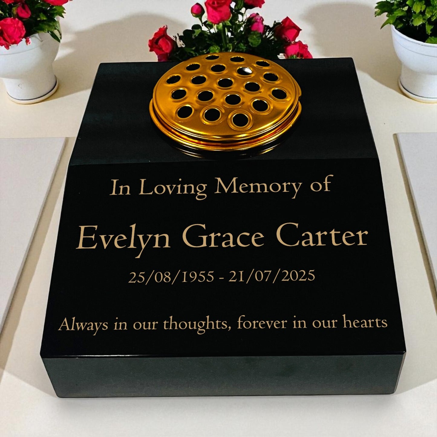 Black Granite Sloping Memorial Desk with Vase – Free Gold Engraving, 12x10x4"