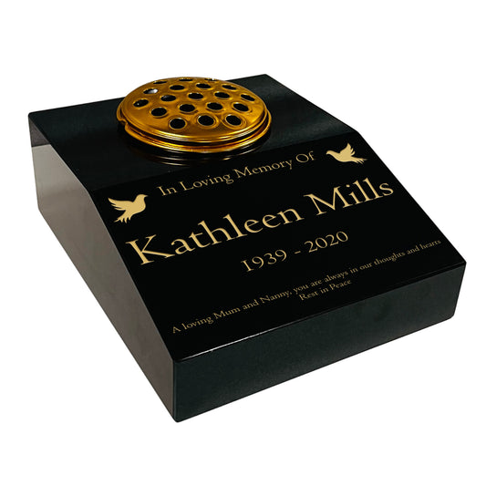 Granite Memorial Sloping Desk With Vase- Solid Premium Black Granite – Free Personalised Gold Engraving, Dove – Includes Metal Flower Pot Insert 12x10x4 inches
