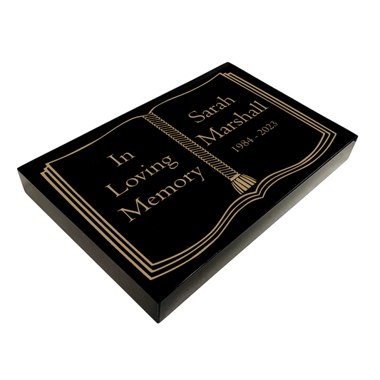 Granite Memorial Tablet with Book Design, Free Personalised Gold Engraving, Polished Black Granite