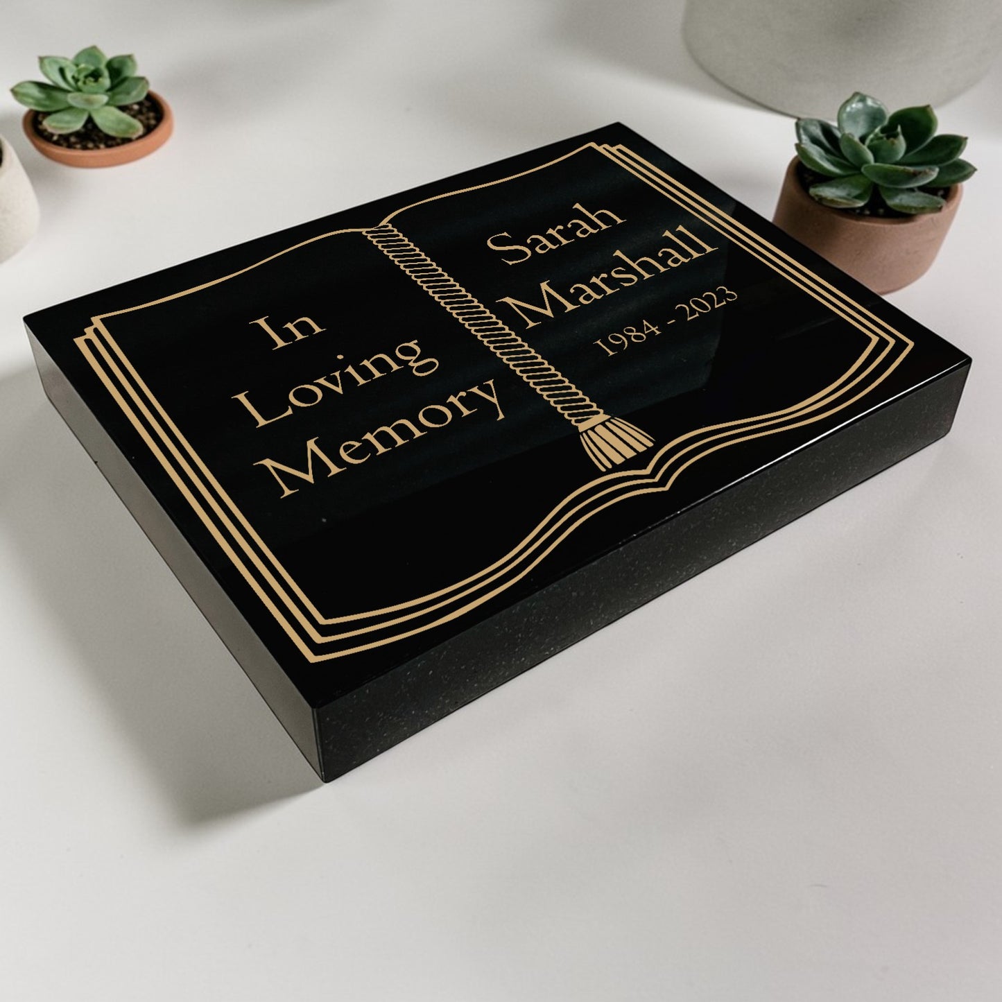 Granite Memorial Tablet with Book Design, Free Personalised Gold Engraving, Polished Black Granite