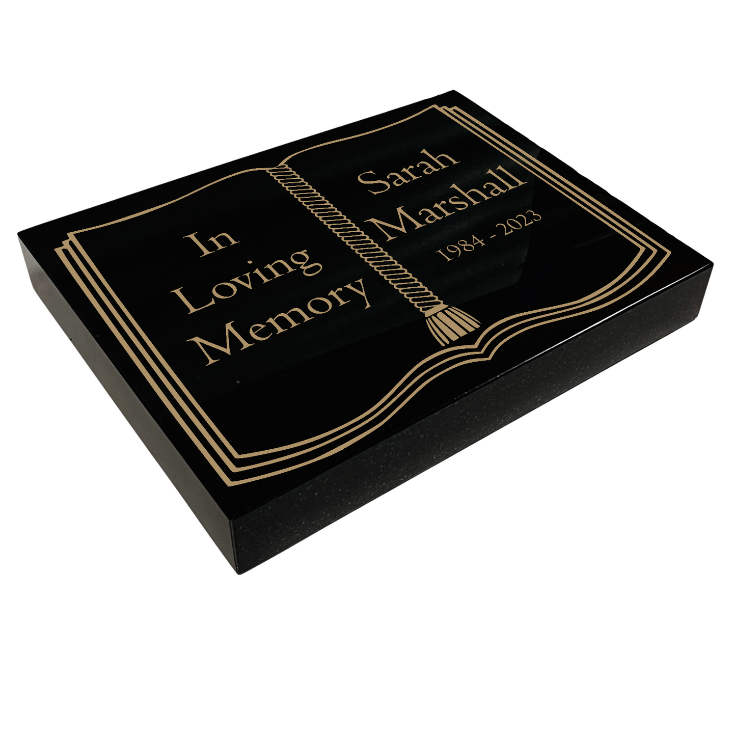 Granite Memorial Tablet with Book Design, Free Personalised Gold Engraving, Polished Black Granite