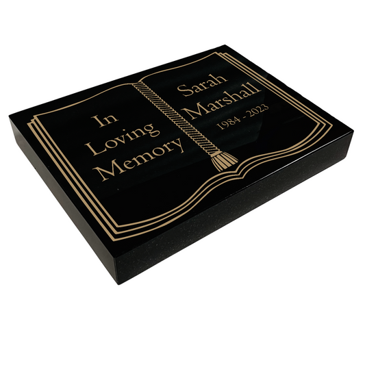 Granite Memorial Tablet with Book Design, Free Personalised Gold Engraving, Polished Black Granite