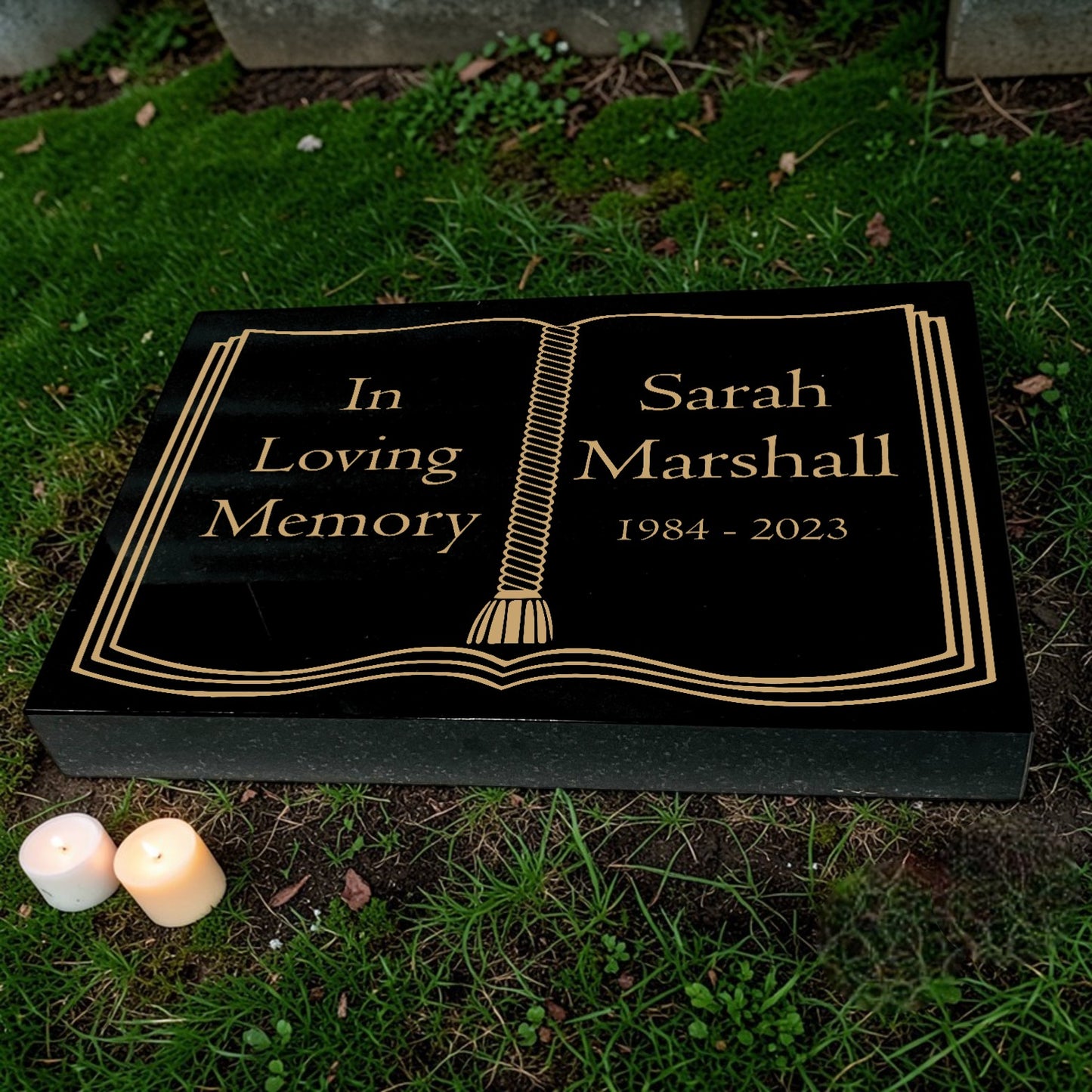 Granite Memorial Tablet with Book Design, Free Personalised Gold Engraving, Polished Black Granite