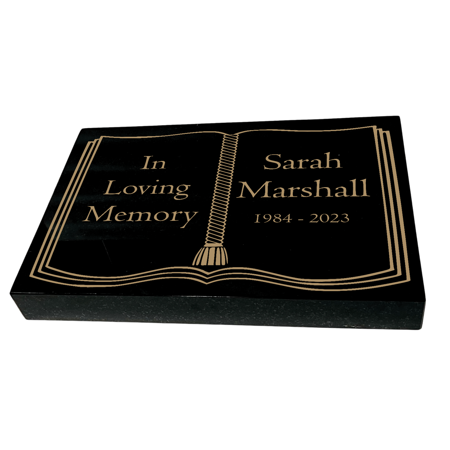 Granite Memorial Tablet with Book Design, Free Personalised Gold Engraving, Polished Black Granite