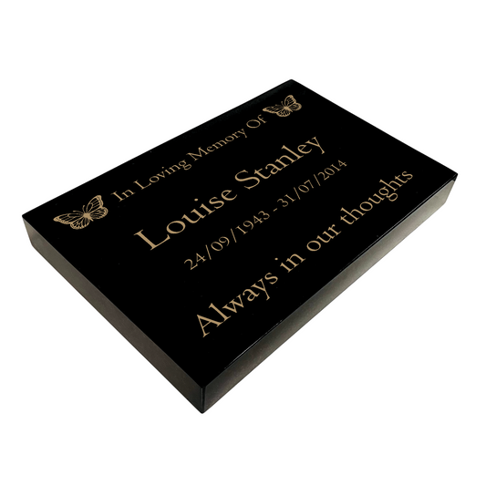 Granite Memorial Tablet with Butterfly Design, Free Personalised Gold Engraving, Polished Black Granite