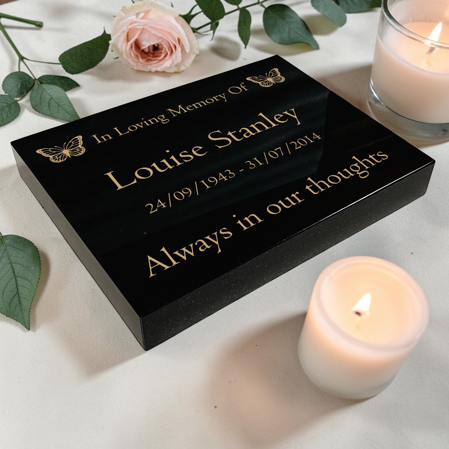 Granite Memorial Tablet with Butterfly Design, Free Personalised Gold Engraving, Polished Black Granite