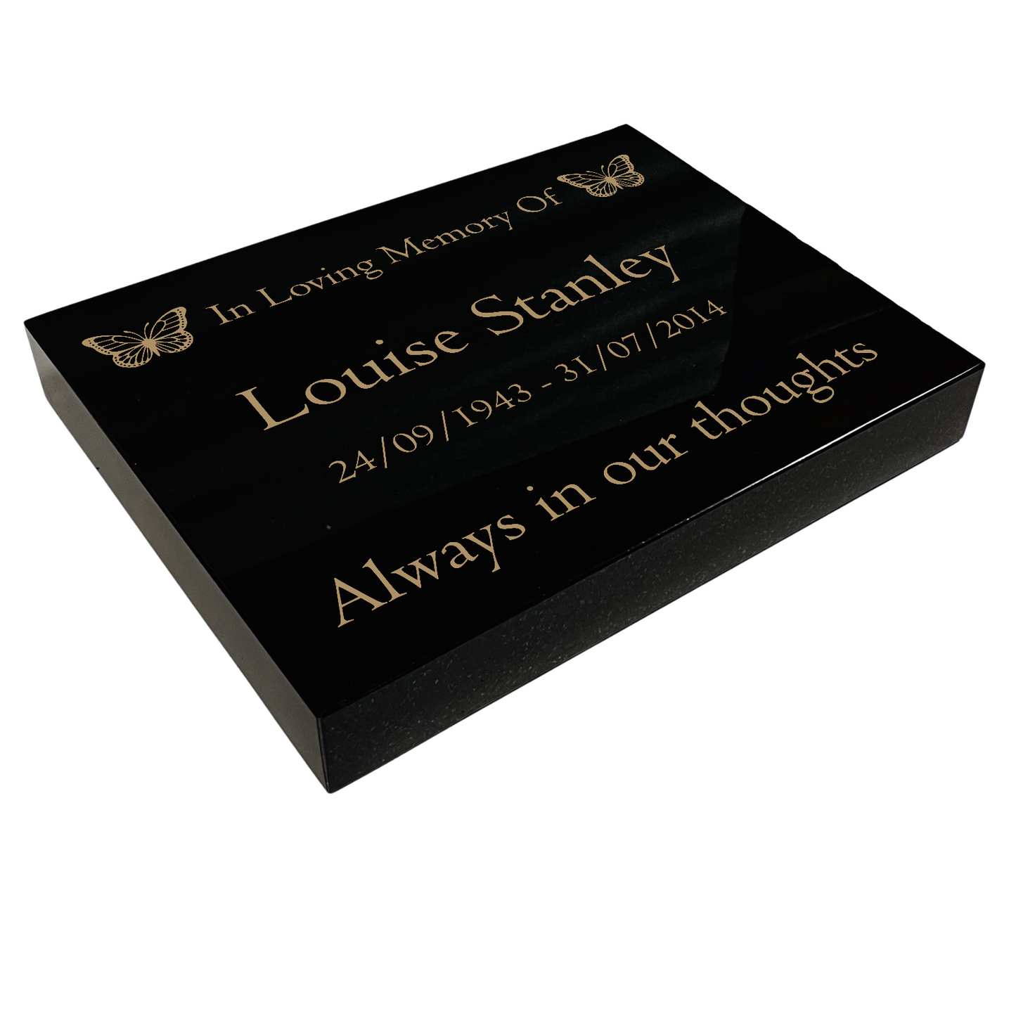 Granite Memorial Tablet with Butterfly Design, Free Personalised Gold Engraving, Polished Black Granite