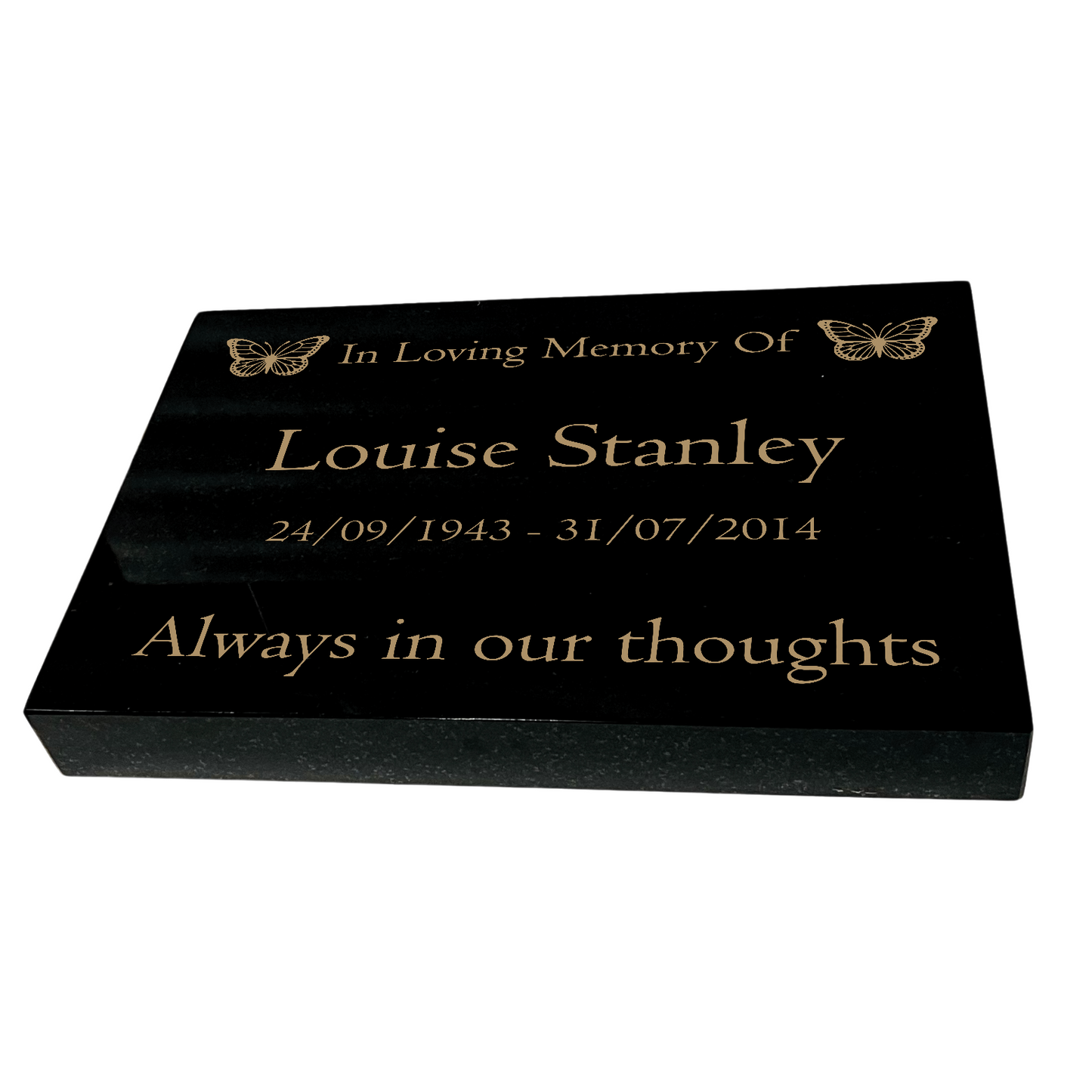 Granite Memorial Tablet with Butterfly Design, Free Personalised Gold Engraving, Polished Black Granite