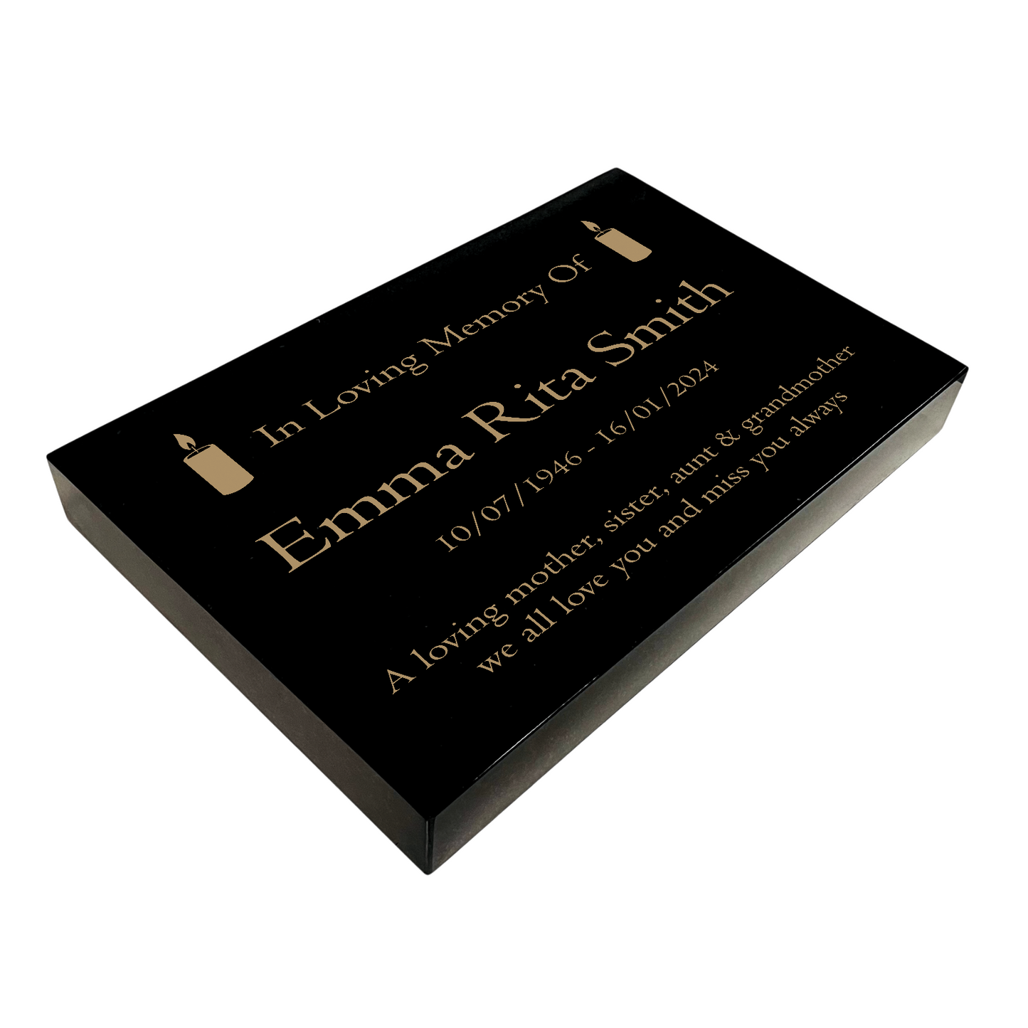 Granite Memorial Tablet with Candle Design, Free Personalised Gold Engraving, Polished Black Granite