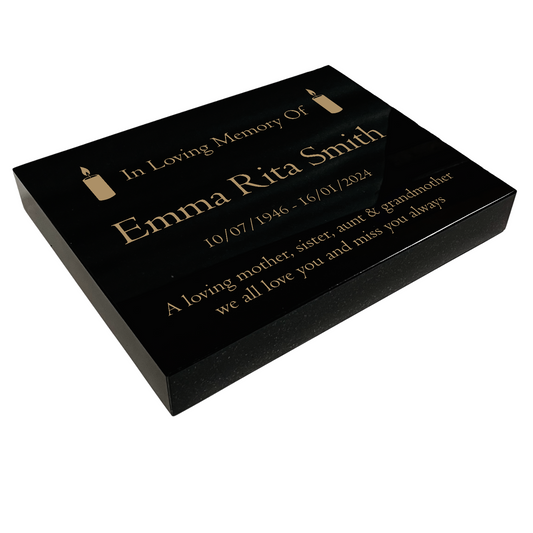 Granite Memorial Tablet with Candle Design, Free Personalised Gold Engraving, Polished Black Granite