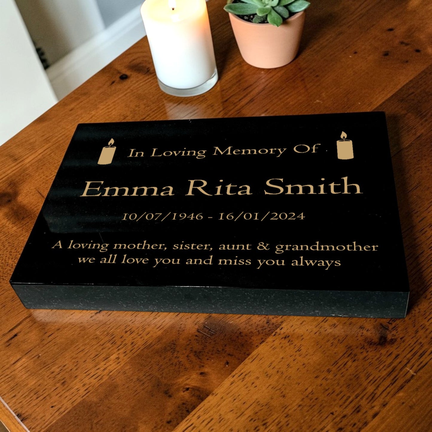 Granite Memorial Tablet with Candle Design, Free Personalised Gold Engraving, Polished Black Granite