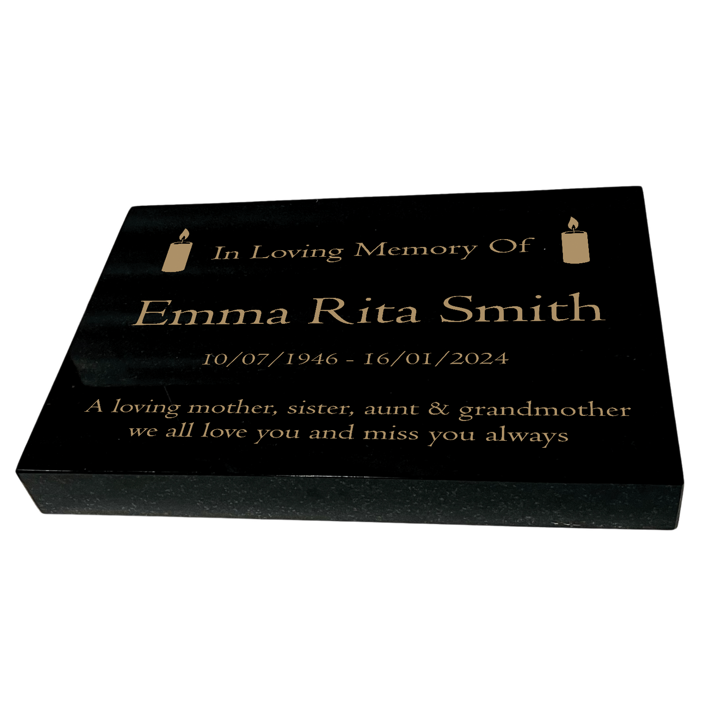 Granite Memorial Tablet with Candle Design, Free Personalised Gold Engraving, Polished Black Granite