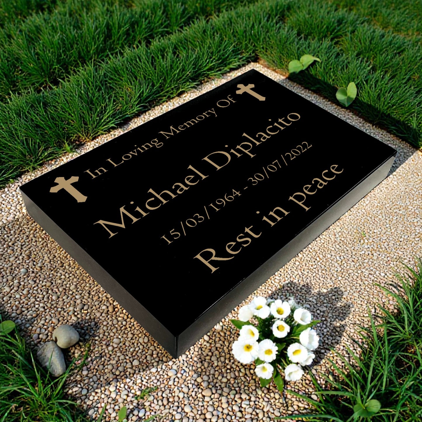 Granite Memorial Tablet with Cross Design, Free Personalised Gold Engraving, Polished Black Granite