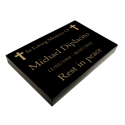 Granite Memorial Tablet with Cross Design, Free Personalised Gold Engraving, Polished Black Granite