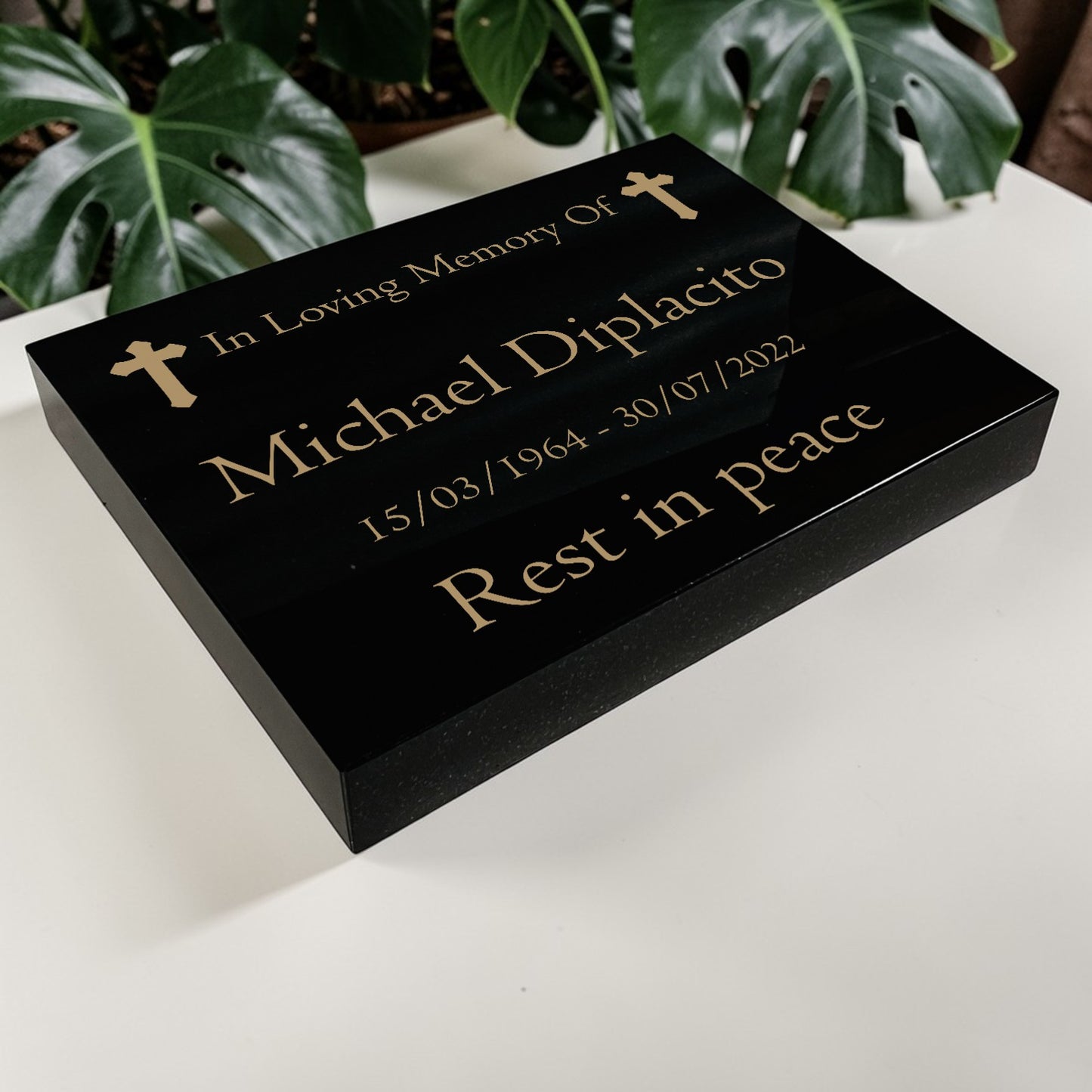 Granite Memorial Tablet with Cross Design, Free Personalised Gold Engraving, Polished Black Granite