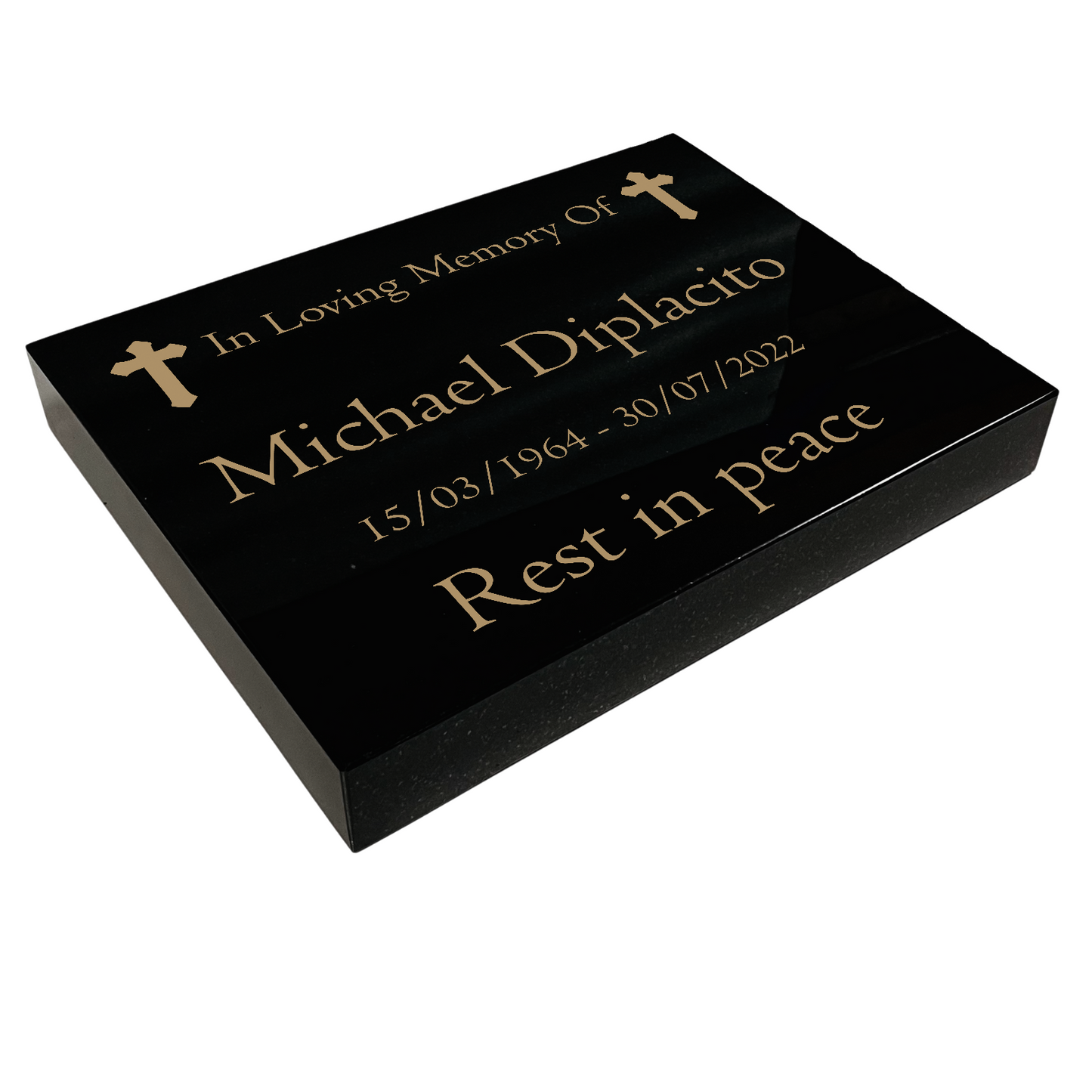 Granite Memorial Tablet with Cross Design, Free Personalised Gold Engraving, Polished Black Granite